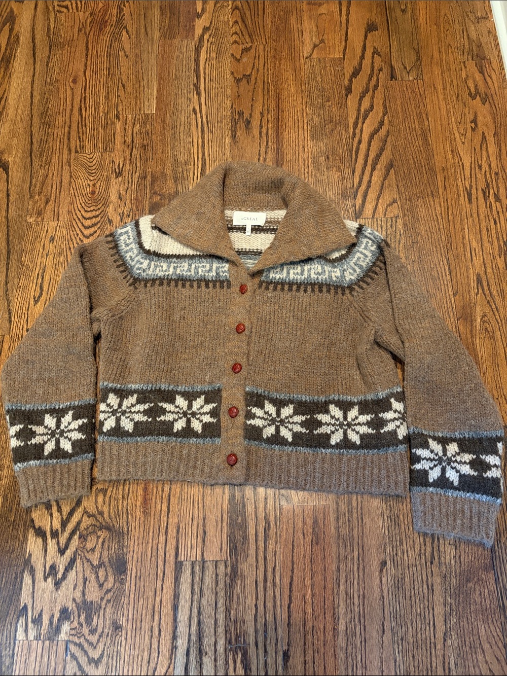THE GREAT. Brown Fair Isle Shawl-Collar Button Cardigan with Cream Accents